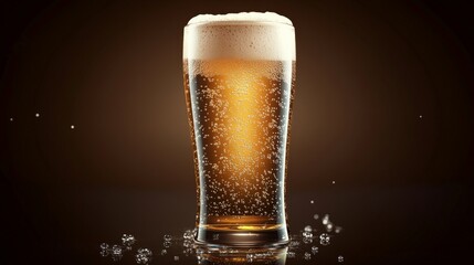 Close-up of a cold glass of beer with frothy head, bubbles, and water droplets on dark background. Refreshing drink concept.