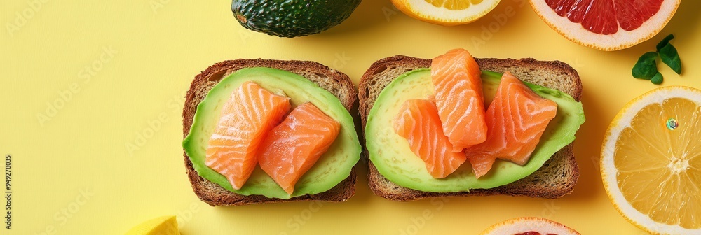Poster a colorful breakfast spread features avocado toast with salmon and fresh citrus fruits, beautifully 