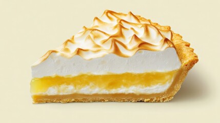 Close-up of a delicious lemon meringue pie slice with golden meringue peaks. Perfect dessert for any occasion with a zesty lemon filling.
