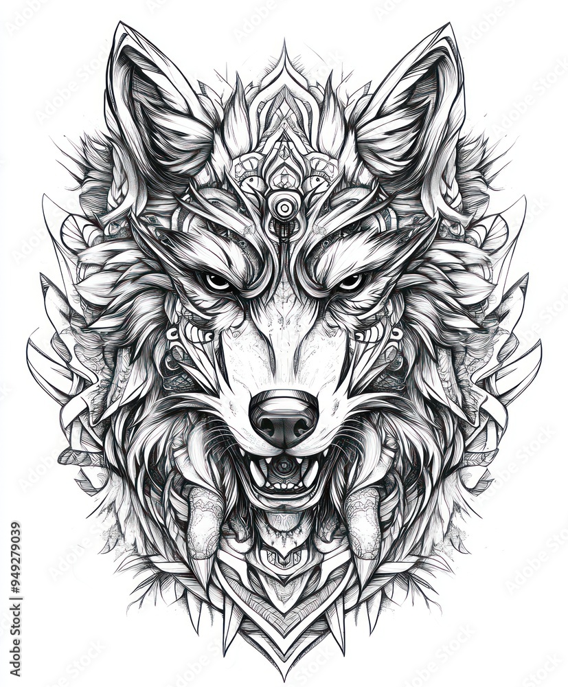 Canvas Prints A detailed black-and-white illustration of a wolf's head with intricate patterns.