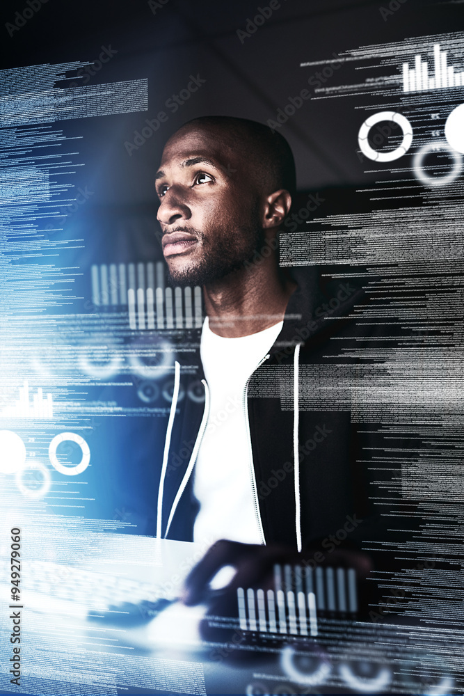Poster black man, overlay and computer as hacker on fraud or cloning for credit card, information and data.