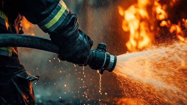 Close-up of a firefighter controlling a hose spraying water to extinguish a burning fire, highlighting the intensity and urgency of the scene.