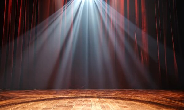 Empty theater stage with red curtains and spotlight