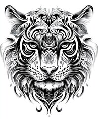 Obraz premium A stylized black and white illustration of a tiger's face with intricate patterns.