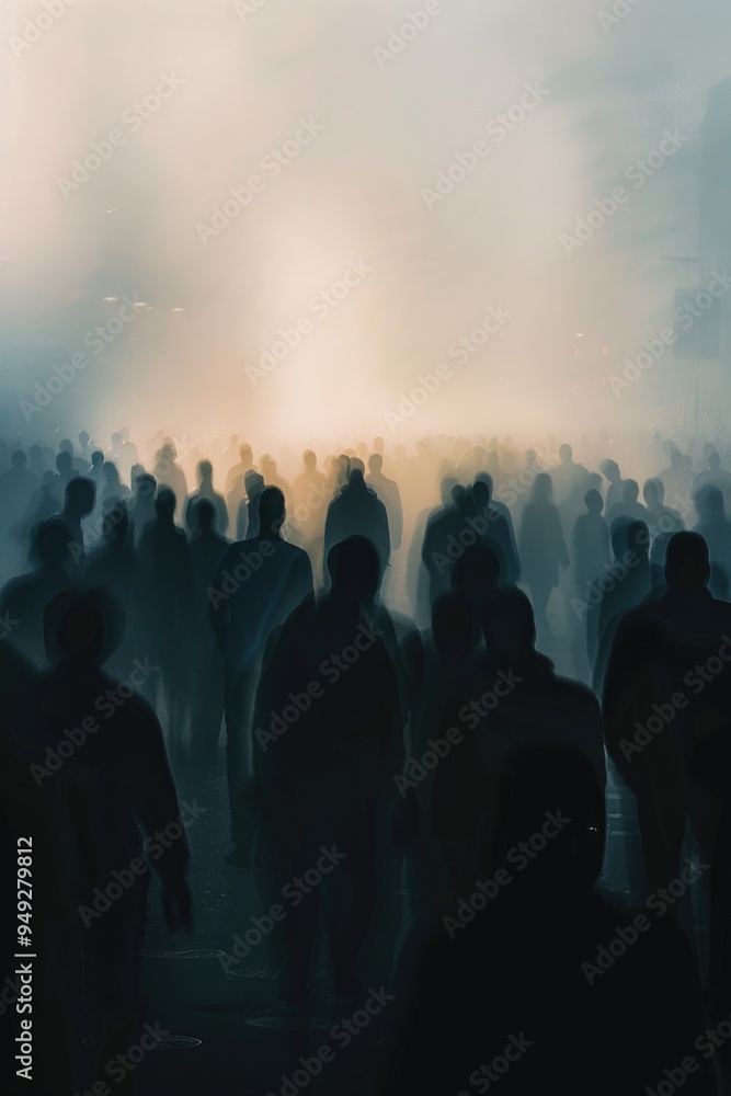 Poster group of people walking together in a foggy environment, ideal for use in illustrations about commun