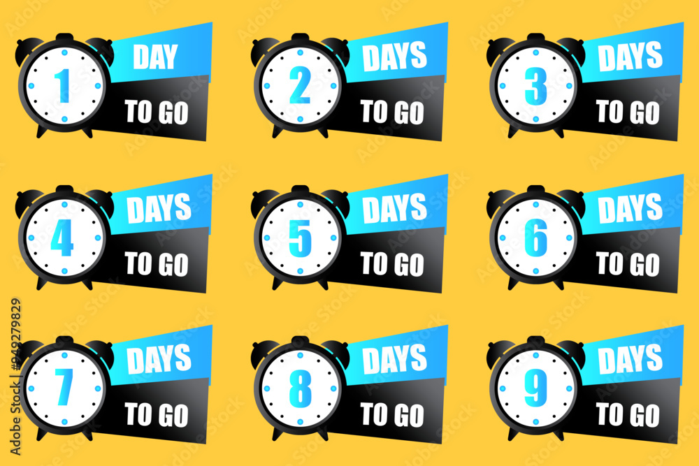 Poster countdown timer illustration set. numbers one to nine focus. bold days to go text. yellow background
