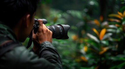 Bird watching in a lush forest, observer with binoculars focused on a rare bird, Nature, Earth tones, Photograph, Detailed wildlife