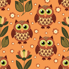 cute owls in flowers on a bright background. seamless pattern