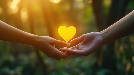 hands of two people holding yellow heart on blurred nature background, world suicide prevention day, september 10, setembro amarelo, love, symbol, social awareness, romance, support, care, palm, human