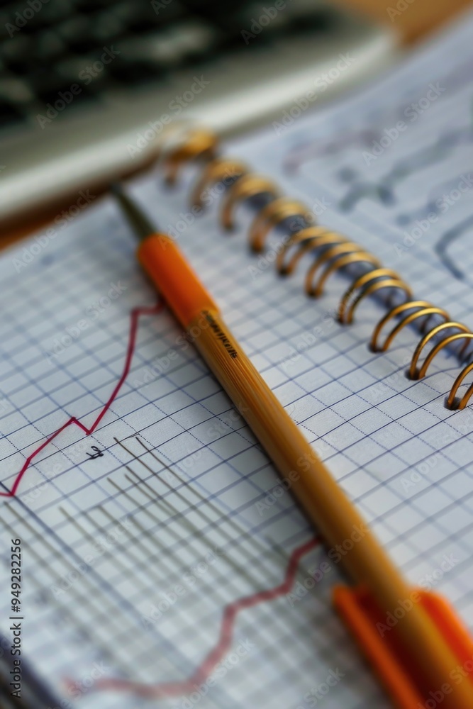 Aufkleber A notebook with a pencil and a calculator on a desk, ideal for use in a home or office setting