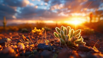 Cactus garden in a desert landscape, sunlight casting shadows, Southwestern, Warm tones, Photograph, Arid beauty