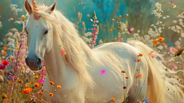 A beautiful unicorn in a vibrant flower field at sunrise with a magical atmosphere