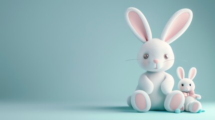 Obraz premium Two cute, cartoon bunnies, one large and one small, sit on a blue background with Easter eggs in front of the smaller bunny.