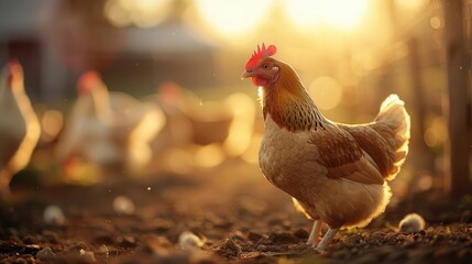 Chicken coop with free-range chickens, rustic farm life, Pastoral, Earth tones, Photograph, Homely atmosphere