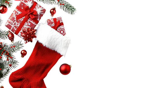 Christmas red stocking sock with festive patterns isolated on white background