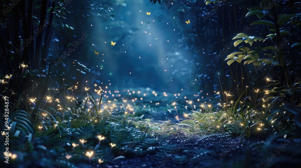 Poster illuminated forest path at night with numerous fireflies flying in the air