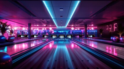 Lively bowling alley with neon lights and vibrant colors, energetic atmosphere, Pop art, Neon,...