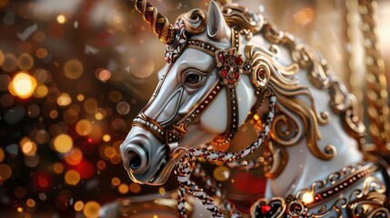 Fototapeta premium Ornate carousel horse with detailed decorations, nostalgic fairground, Vintage, Warm tones, Digital painting, Whimsical charm