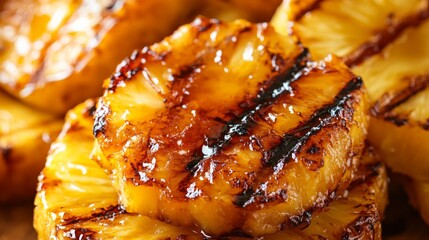 Close-up of delicious grilled pineapple slices with caramelized edges, showcasing vibrant texture and color in a mouth-watering presentation.