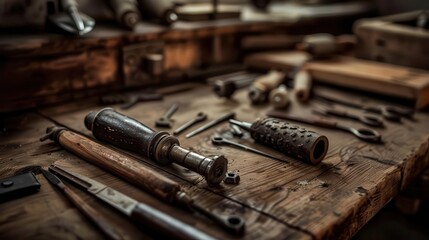 Traditional bookbinding tools on an old wooden workbench, vintage setting, Retro, Sepia, Photograph, Historical craftsmanship