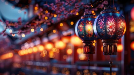 Fototapeta premium Vibrant Chinese lantern hanging in a nighttime festival scene, cultural and bright, Ethnic, Warm tones, Digital painting, Festive detail