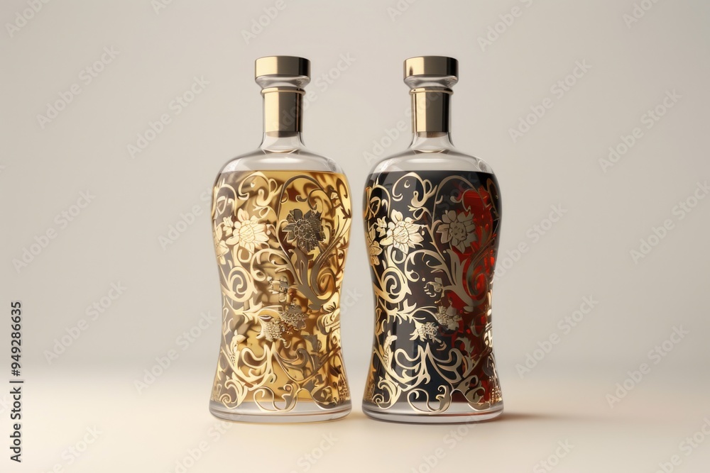 Poster two empty beer bottles sit on a wooden table