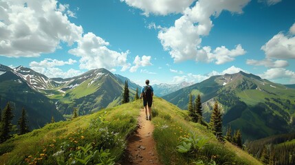 Obraz premium A lone hiker walks along a mountain trail with a view of a valley and mountains in the distance.
