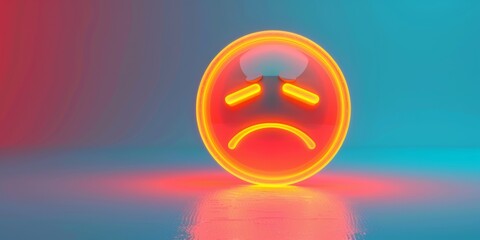 3d neon light sad emoticon icon, Generative AI
