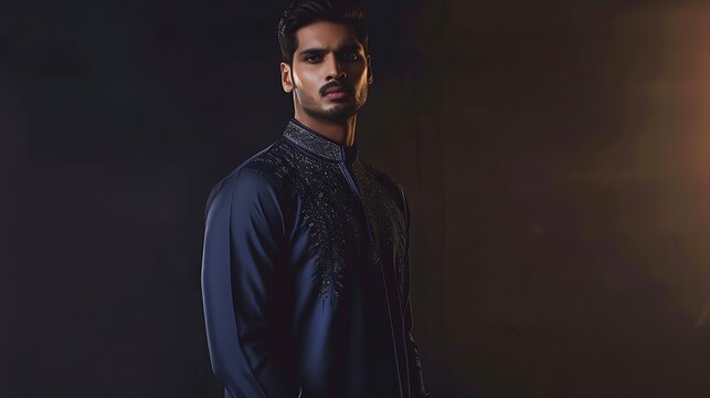 Male model in a professional photo studio wearing a midnight blue kurta shalwar with minimalist silver embroidery the dark background and bright lights creating a striking contrast