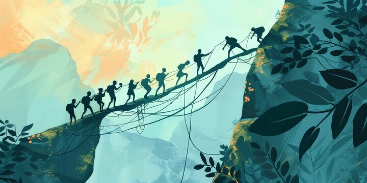 illustration of explorers working together across a bridge, teamwork concept