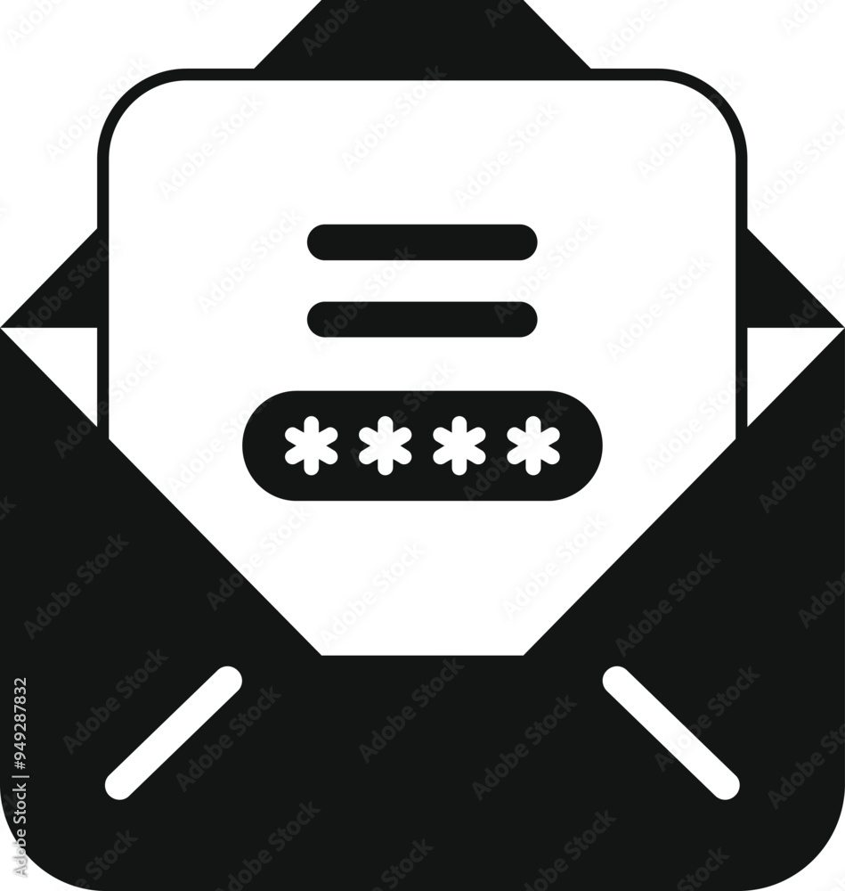 Poster simple vector icon of an open mail enveloppe containing a password protected document for confidenti