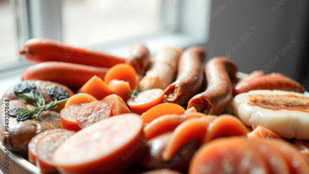 Sticker Close-up of assorted sausages and sliced tomatoes