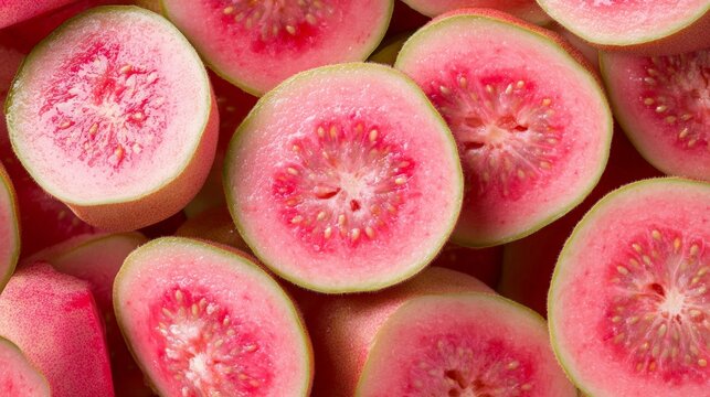 Close-up of fresh, ripe guava fruit with pink flesh, showcasing the vibrant colors and juicy texture. Perfect for health and culinary visuals.