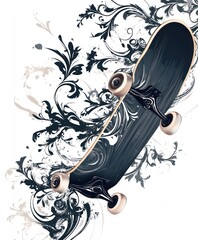 Obraz premium A stylized skateboard surrounded by floral designs, emphasizing urban culture and leisure.