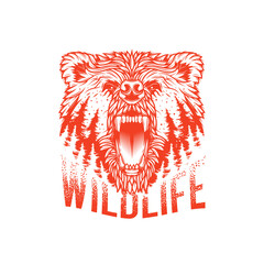 Fototapeta premium Forest and head of angry bear. Original vector illustration in vintage style isolated on white background. T-shirt design.