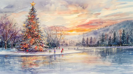 A classic Christmas watercolor painting of a tranquil winter landscape featuring a frozen lake, children ice skating and snow-covered hills.