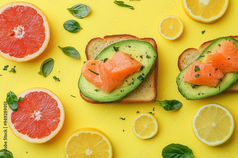 Poster Enjoy a nutritious breakfast with avocado toast topped with salmon and garnished with fresh citrus fruit against a sunny yellow backdrop. Generative AI
