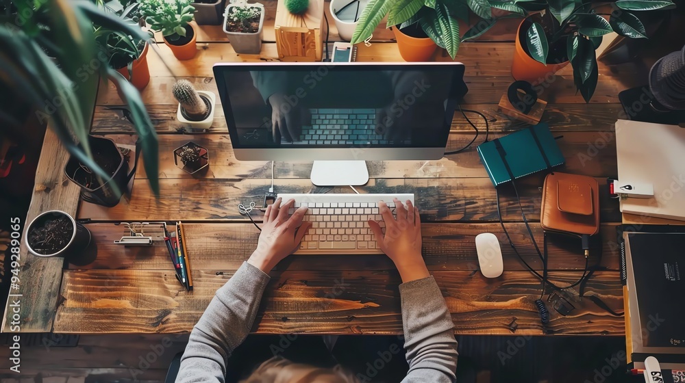 Poster a person types on a keyboard at a desk in a home office setting.