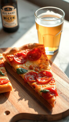 Pizza Slice and Beer on Wooden Cutting Board