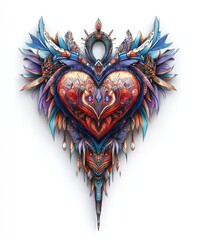 Fototapeta premium A vibrant, intricate heart design with floral and feather elements, symbolizing love and creativity.