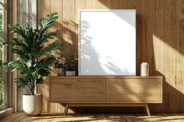 Poster Frame Mockup on Wooden Interior Background created with Generative AI