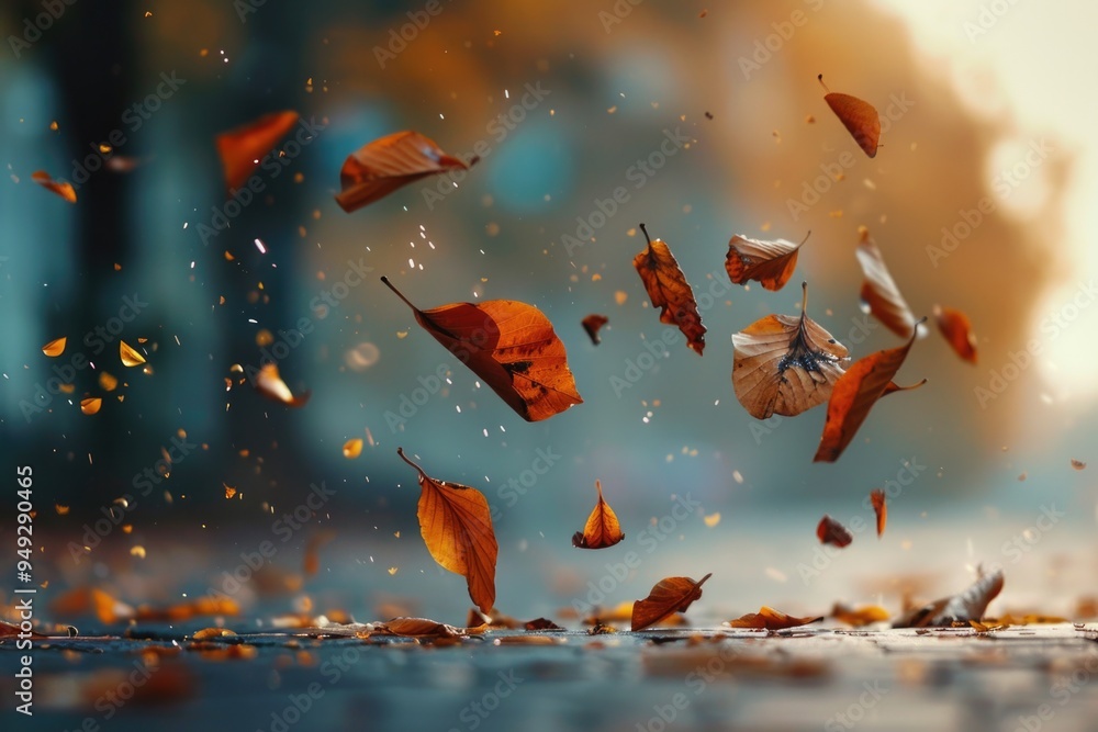 Poster a bunch of leaves floating in the air, creating a beautiful and natural scene