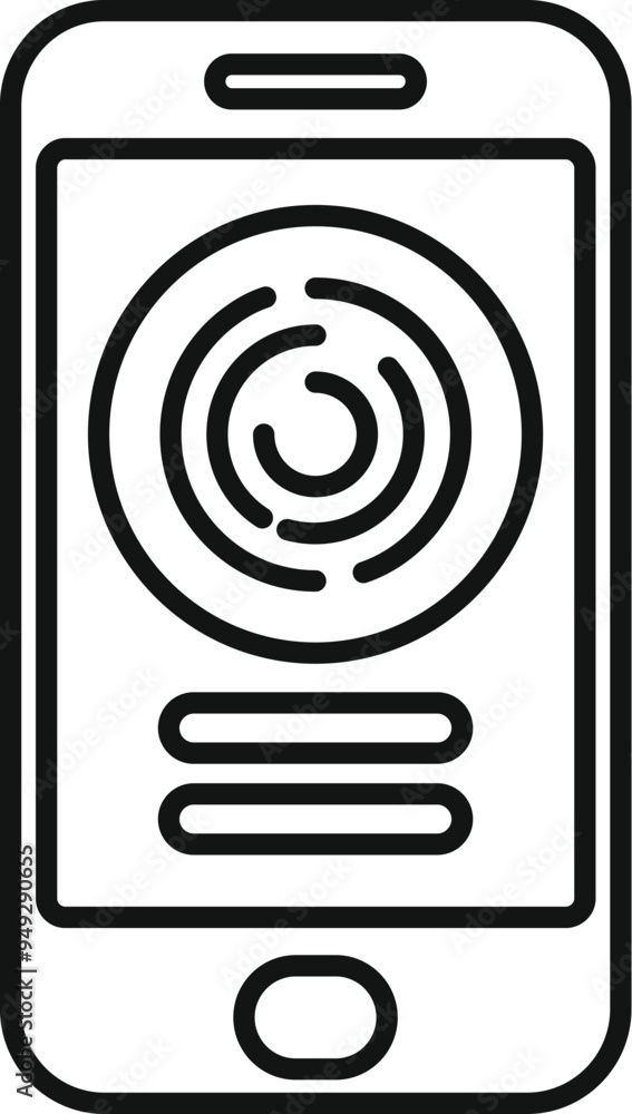 Poster minimalist line drawing of a smartphone displaying a fingerprint scanner icon, representing biometri