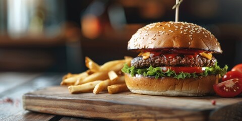 Savory beef burger and crispy fries served on a wooden platter with a blank area, focused shot.