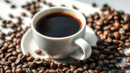 Fototapeta premium Coffee cup on a bed of coffee beans