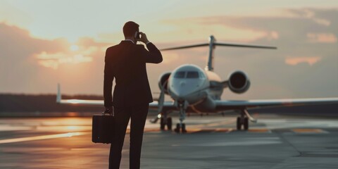 A businessman in black suit and with briefcase is standing on the airport runway near private jet while making phone call, view from back side, blurred background