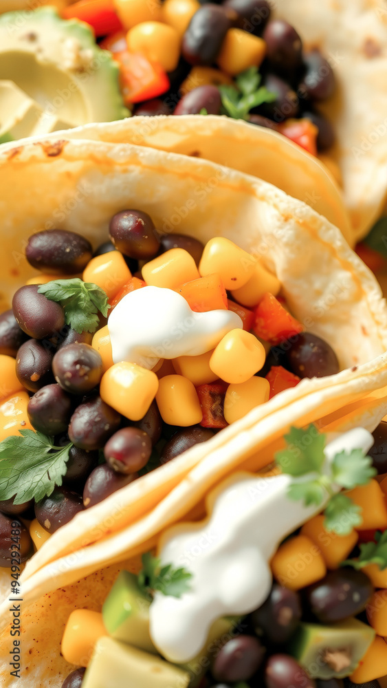 Sticker Closeup of a Delicious Taco with Black Beans, Corn, and Sour Cream