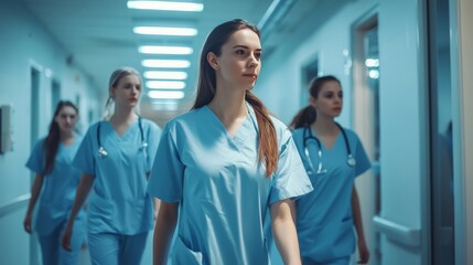 Fototapeta premium A group of nurses preparing for their shift in a hospital, teamwork and coordination