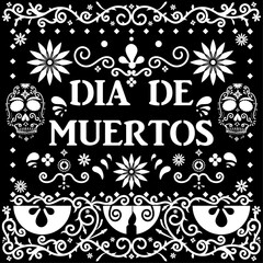 Traditional Day of the Dead Papel Picado Design in Black and White with Skulls and Flowers. Decorative Template in Papel Picado Style for Day of the Dead with Floral Adornments and Mexican Ornaments.