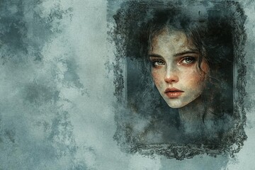 A captivating portrait of a young woman, surrounded by a mysterious, textured backdrop. Ideal for artistic and emotional themes.